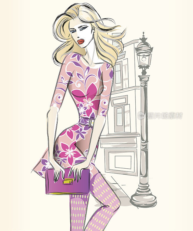 年轻美丽性感的女人在时尚素描风格。街头风格的女孩穿着粉红色的裙子与城市背景向量