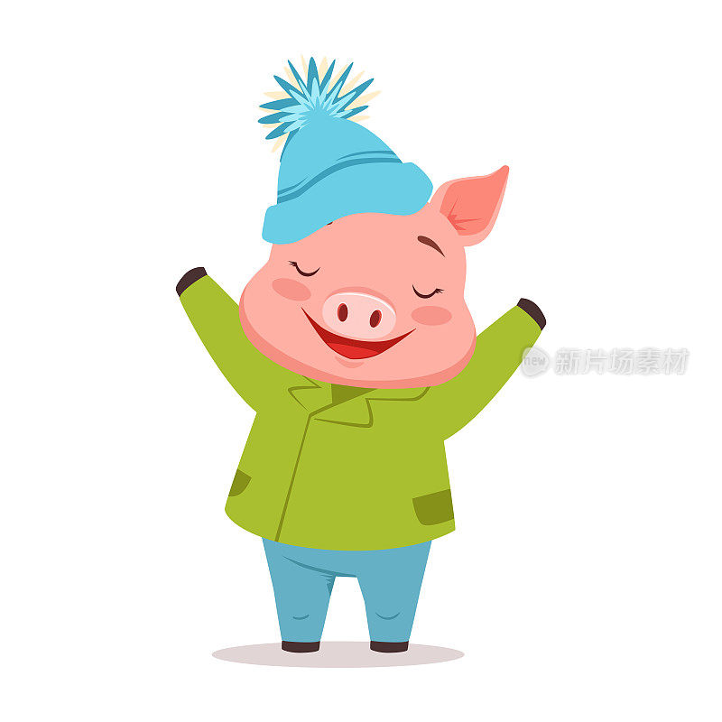 可爱快乐的小猪穿着绿色暖外套和蓝色针织帽，滑稽卡通动物穿着人体服装矢量插图