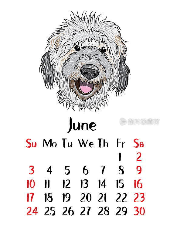 搞笑快乐狗，2018年日历设计。过年、狗年生肖月报卡片模板。可爱的小狗向量。