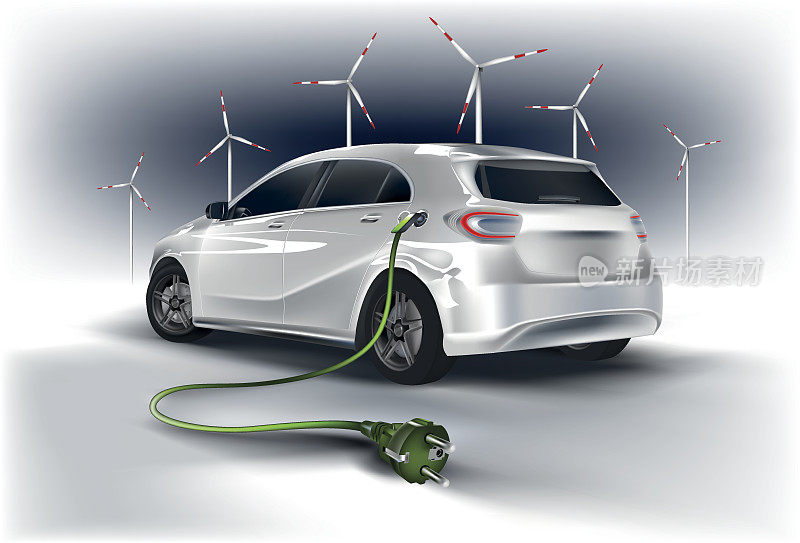 电动汽车与电缆和插头和风力涡轮机。