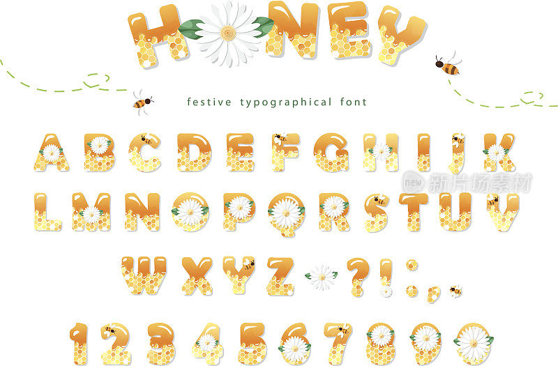蜂蜜的字体设计。光滑甜美的ABC字母和数字孤立在白色。