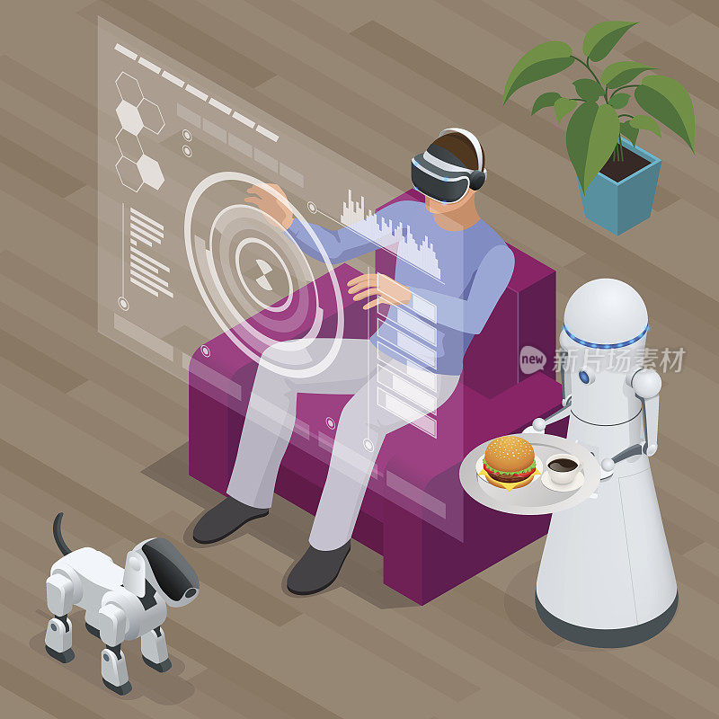 等距技术机器人和人坐在家里的沙发上戴着虚拟现实耳机。