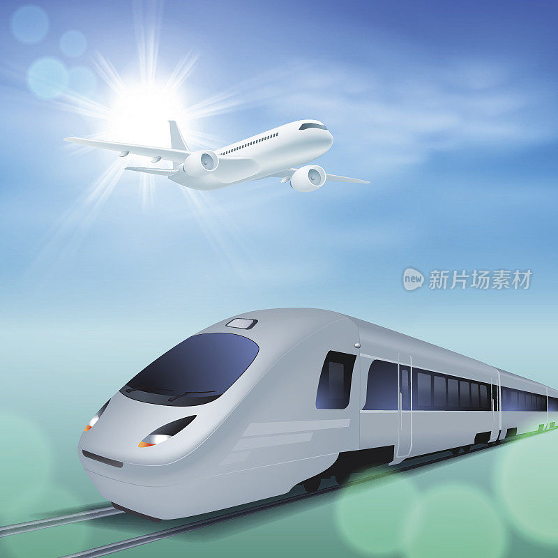 高速火车和飞机在空中。阳光明媚的一天。