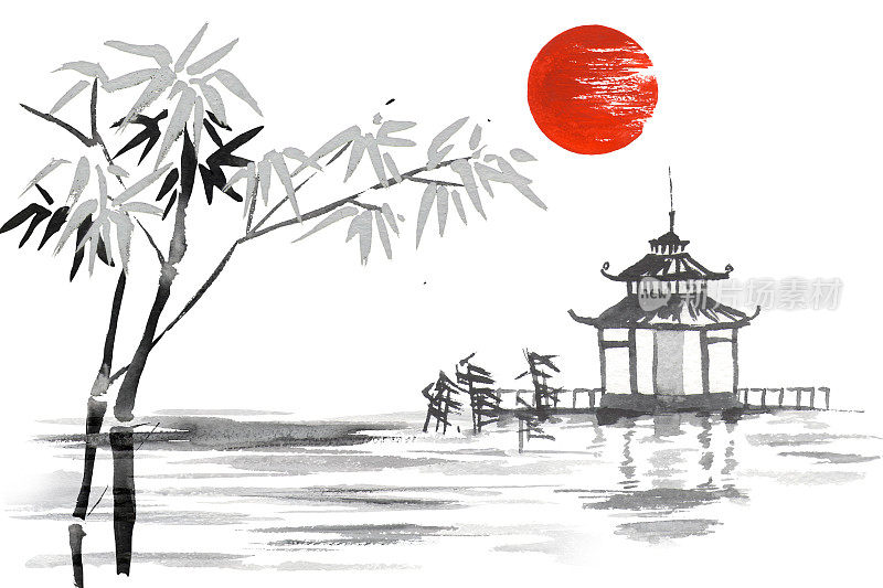 日本传统绘画Sumi-e艺术竹太阳湖