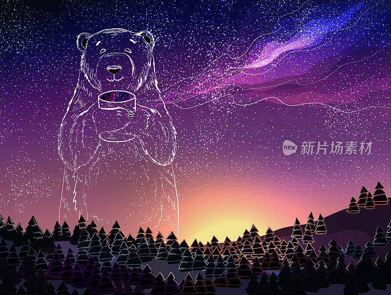 夜空背景上的北极熊。圣诞和新年的主题。
