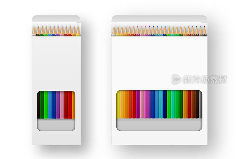 矢量现实盒彩色铅笔图标设置特写孤立在白色背景。设计模板，剪贴画或模型的图形-网页，应用程序，品牌，广告。俯视图