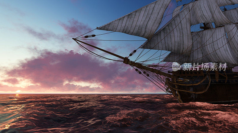 在海上的帆船在傍晚的日落3d插图