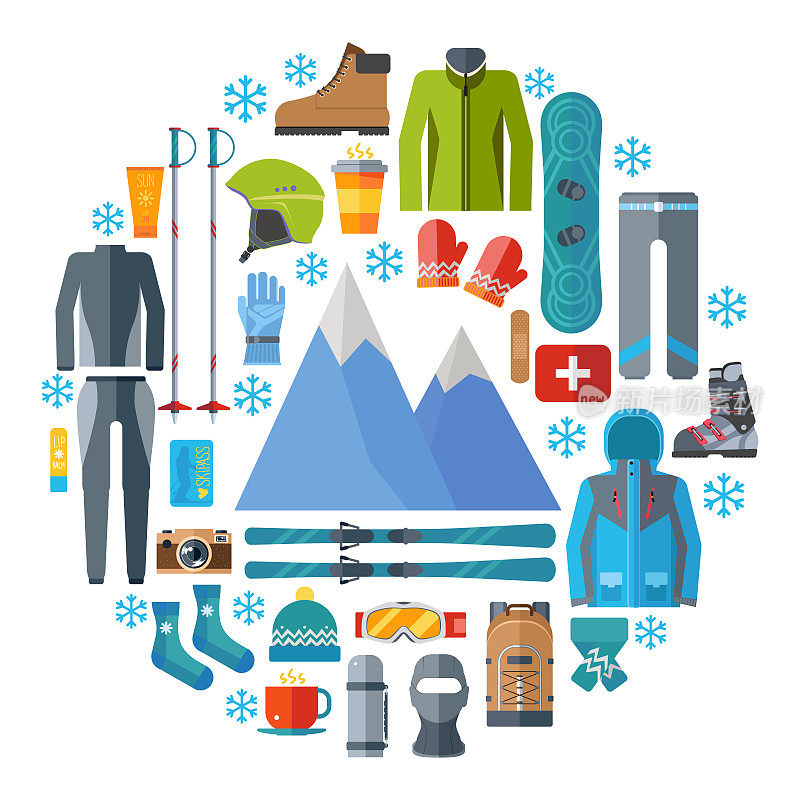 冬季运动装和设备回合图标设置。滑雪，单板滑雪矢量隔离。滑雪场元素的平面设计