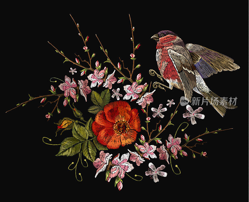 刺绣鸟和樱花向量。经典的刺绣红腹灰雀和复古的野玫瑰花蕾。春季时装艺术，服装设计模板，t恤艺术