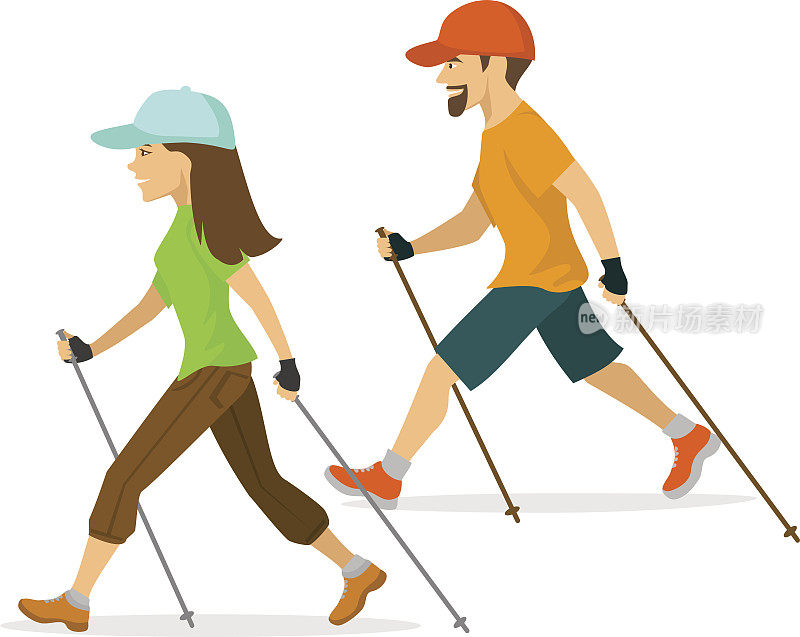 男人和女人北欧行走，锻炼孤立矢量插图