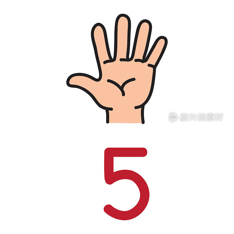 孩子的手显示了数字5的手势。