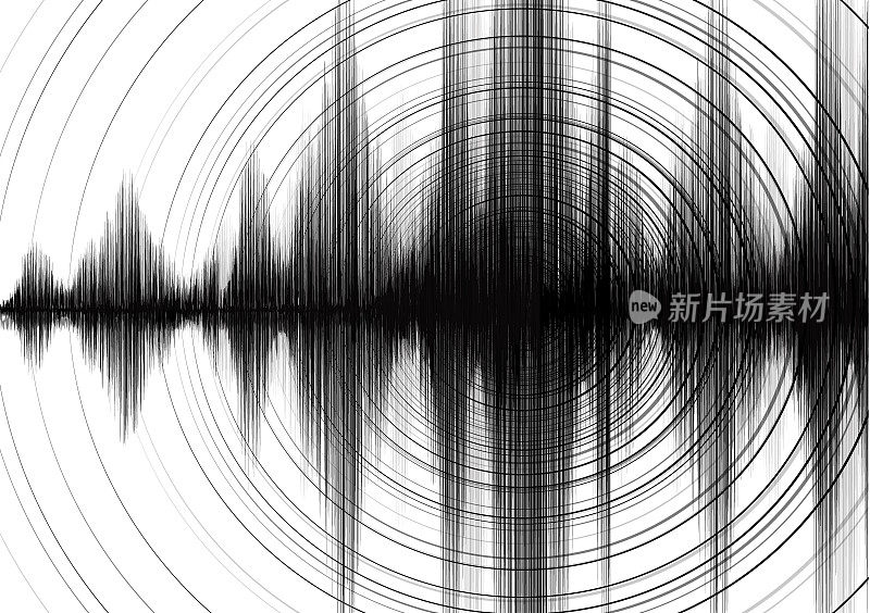 白皮书背景下的圆形振动地震波的超级力量，音频波形概念，教育和科学设计，矢量插图。