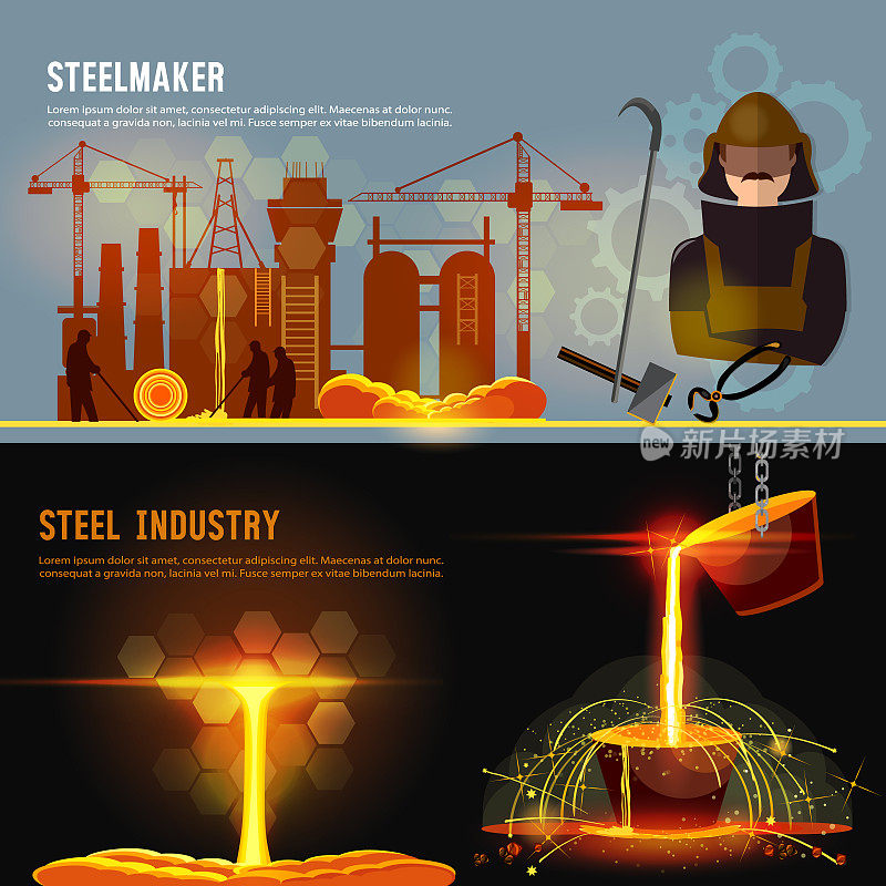 钢铁行业旗帜。大型铸造厂冶炼金属。铁和工厂车间。钢铁工人。冶金过程。在钢铁厂热浇钢