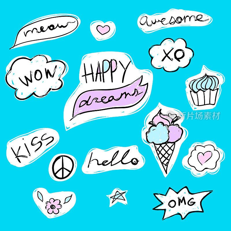 时尚的文字贴纸与字母-幸福的梦，你好，喵，哇和吻。冰淇淋和蛋糕。