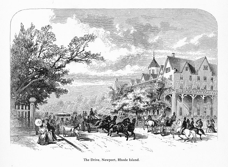 美国罗德岛新港车道上的马车，美国维多利亚版画，1872年