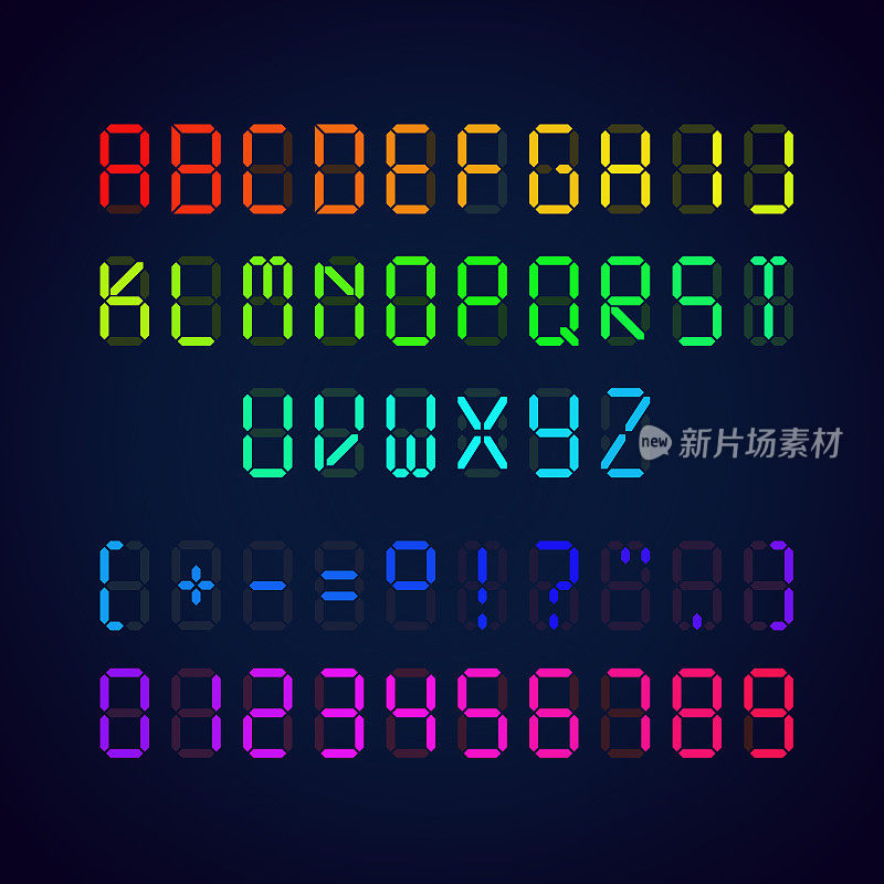 彩色数字发光字体矢量模板。有标点符号的字母和数字插图