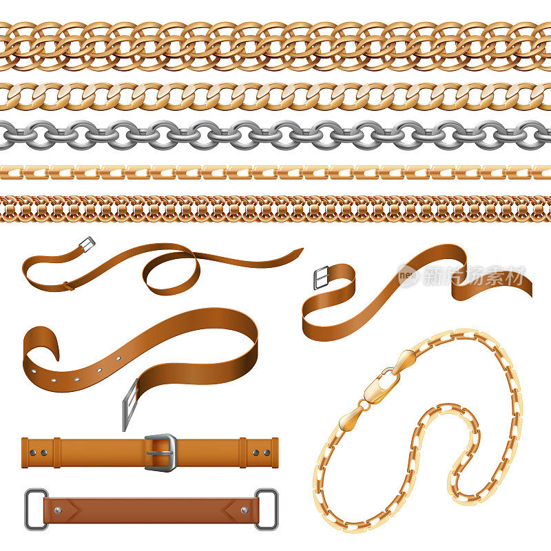 链条和辫子。手镯皮带及金色家具元素，珠宝首饰等装饰。矢量织物和扣设置
