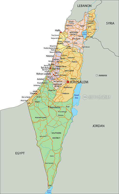 以色列-高度详细，可编辑的政治地图与标签。