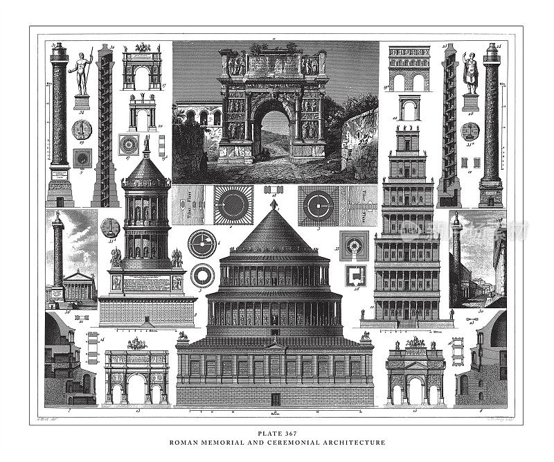 罗马纪念和仪式建筑雕刻古董插图，出版于1851年