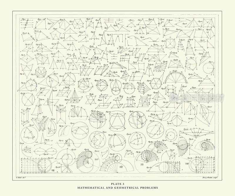 雕刻古董，数学和几何问题雕刻古董插图，出版于1851年