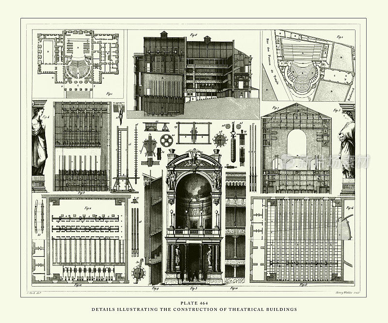 雕刻古董，戏剧建筑构造的细节雕刻古董插图，1851年出版