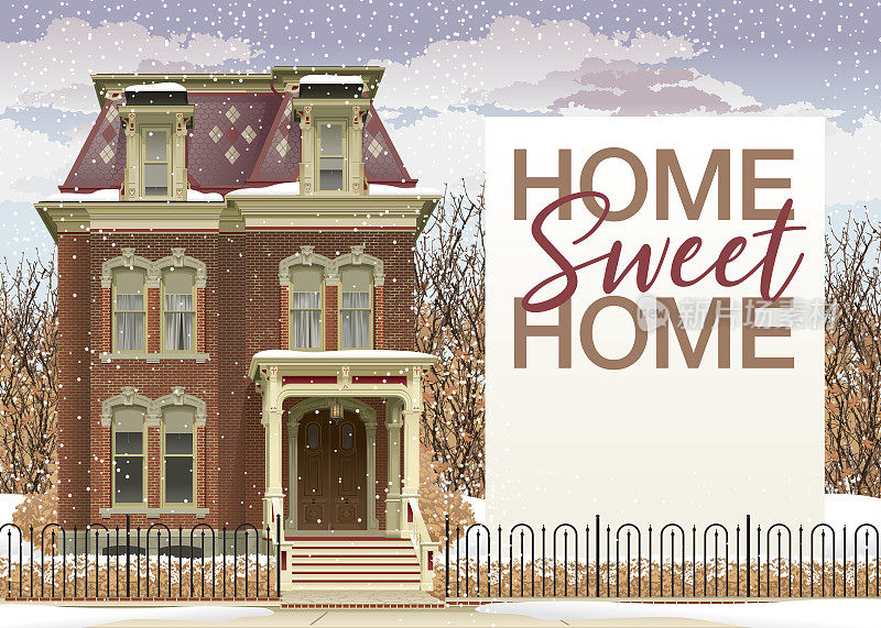 维多利亚的房子在冬天与家甜蜜的家文本和复制空间