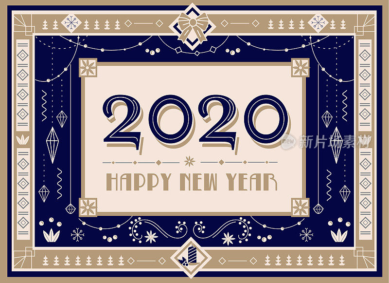 艺术装饰2020快乐新年设计模板与详细的装饰品和珠子