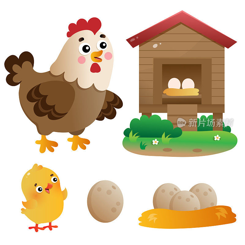 彩色图像的卡通鸡或母鸡与小鸡，鸡舍和鸡蛋在白色的背景。农场动物。矢量插图设置为孩子。