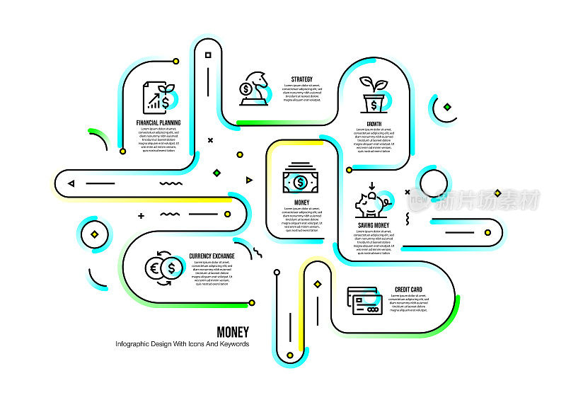 信息图表设计模板与金钱的关键字和图标