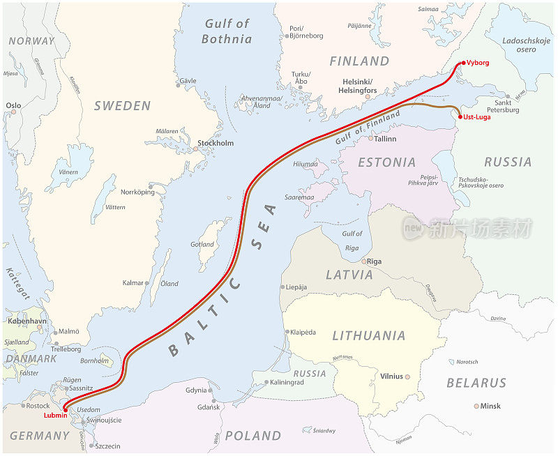 俄罗斯和德国之间的波罗的海天然气管道地图