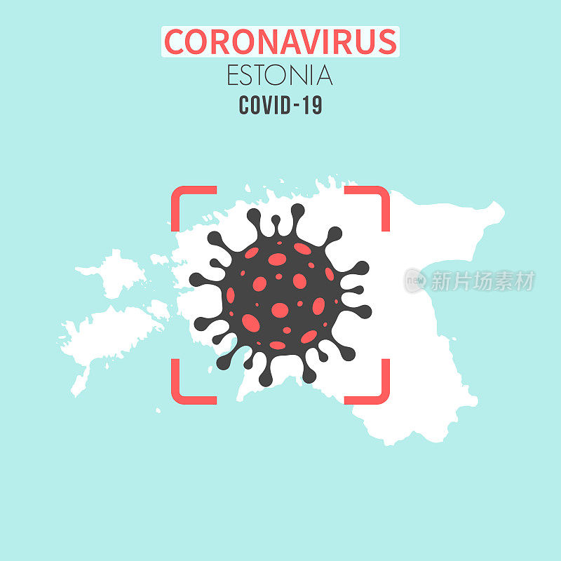 爱沙尼亚地图，红色取景器显示的是冠状病毒(COVID-19)细胞