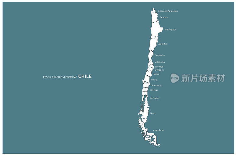 智利的地图。圣地亚哥，智利在南美洲的国家地图。