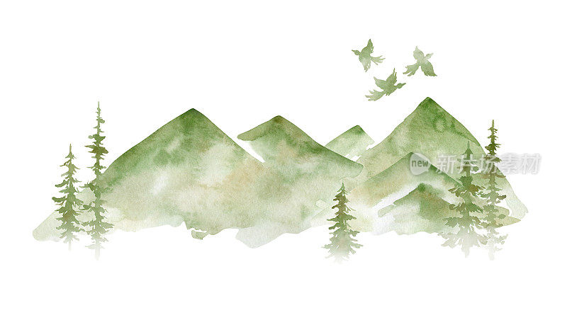 水彩手绘山和冷杉树孤立在白色。常绿树木，森林景观，自然，生态，旅游和远足主题，设计元素，卡片，海报