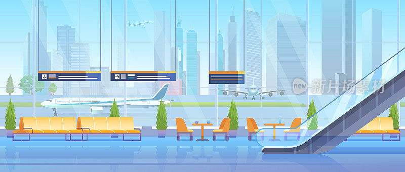 机场候机厅矢量插图，卡通平面现代内部室内，空座位，候机厅候机乘客座椅