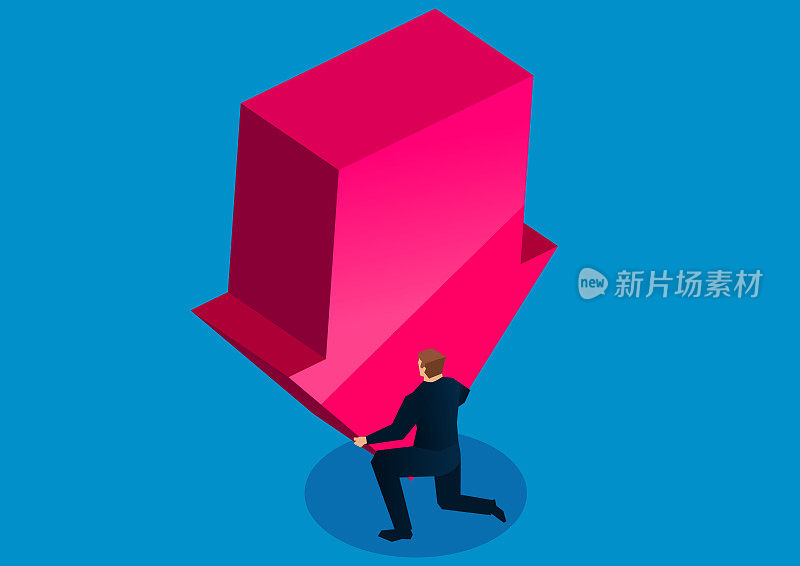 战胜逆境,一个充满力量的商人努力举起落下的箭