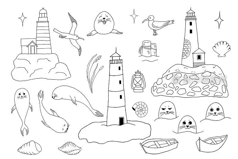 收集孤立的黑色轮廓涂鸦灯塔，海鸥，海豹，船与桨，芦苇和贝壳。一套可爱的手绘海洋物体的徽章设计，着色书，卡片。