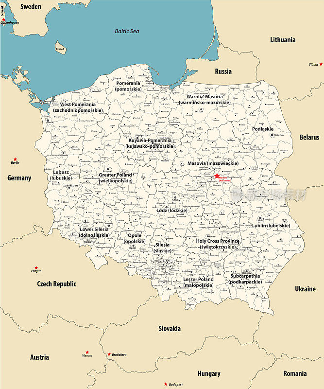 波兰行政区划矢量地图，以省与邻国为颜色。波兰语的名字在括号里，在那里它们不同于英语的名字