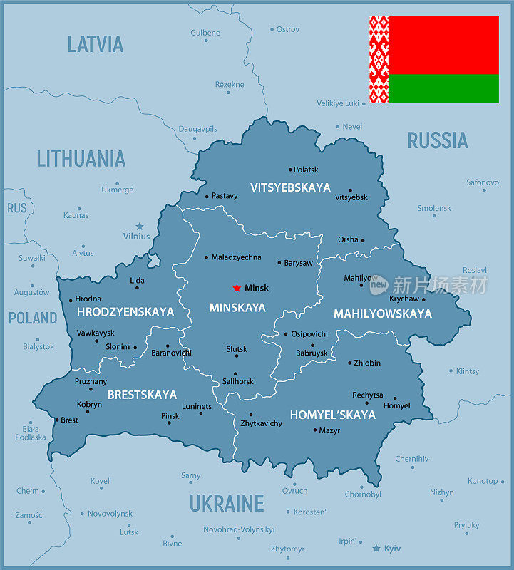 白俄罗斯矢量地图与区域，湖泊，河流，国旗和地理边界的俄罗斯，拉脱维亚，立陶宛，波兰和乌克兰