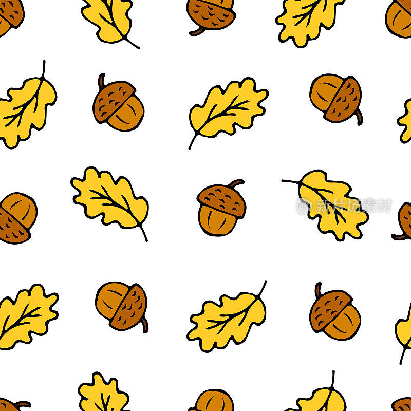 秋季图案适用于纺织、织物、表面、印花设计。秋天的背景是橡树叶和橡子。无缝图案设计与橡树叶和橡子
