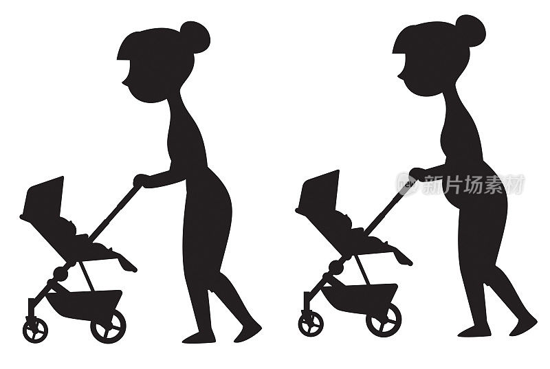 剪影,婴儿车。婴儿车。年轻的女性角色推着婴儿车走路。现代的父母。