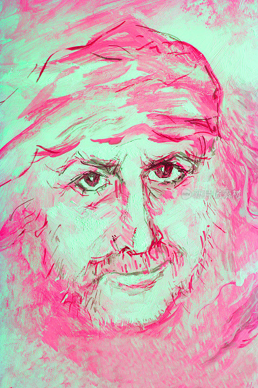 插图油画肖像一个男人的长发在风中飘扬的新艺术风格在对比红色和绿松石颜色的天空和阳光的背景