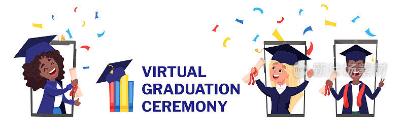 虚拟2021年毕业典礼横幅。和所有戴着学士帽和学士服的毕业生进行在线视频电话会议电话上撒满了五彩纸屑。