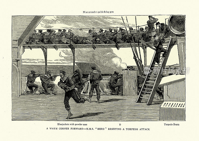皇家海军的水手们在英雄号上练习防御鱼雷艇的攻击