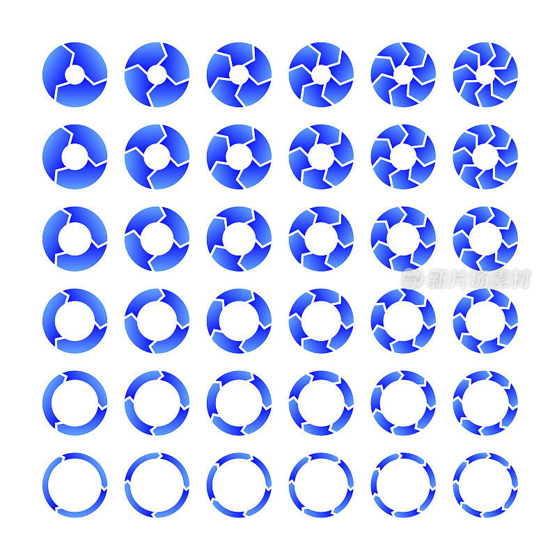 36个不同的箭头信息图-段数x，孔大小y。