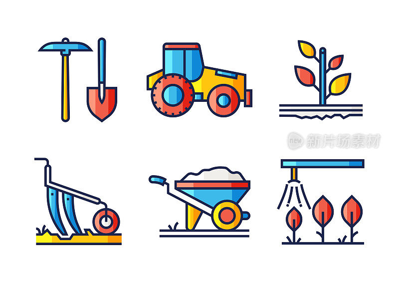 农业和农业相关的平面线图标，轮廓向量符号插图。