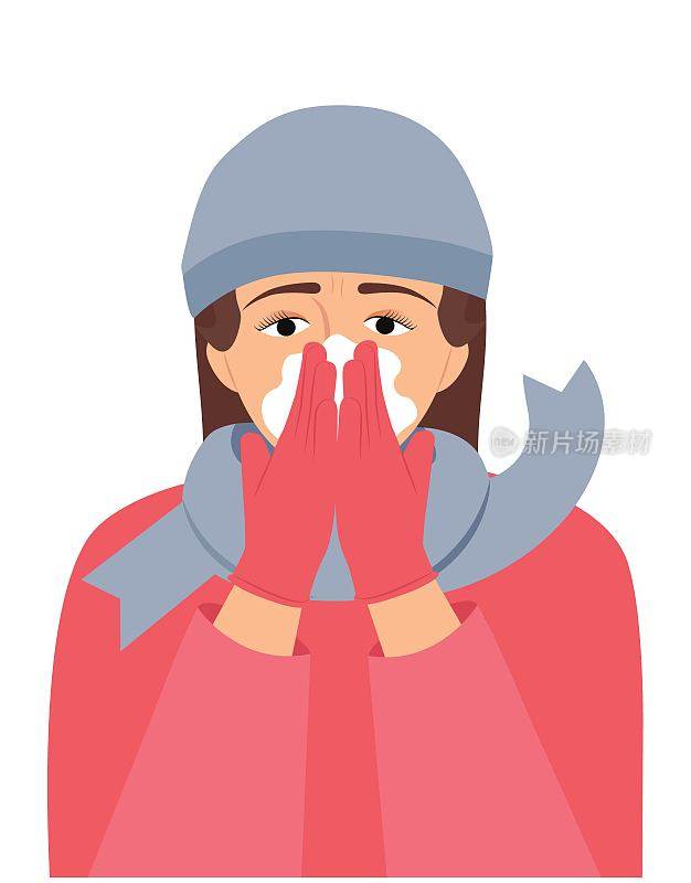 妇女在咳嗽和打喷嚏时用纸巾捂住口鼻。一个女性角色用手帕捂住鼻子。女孩感冒后打喷嚏。冬天的概念