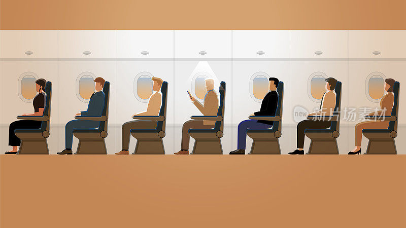 橘黄色的晨曦中，年长的白发男子独自在飞机客舱的小灯光下看书。其他乘客如商人正在睡觉。在长途旅行中活动的生活方式。