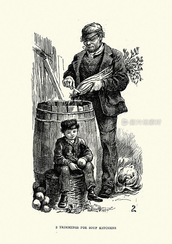 19世纪70年代，伦敦黄金巷，为施粥所准备蔬菜，维多利亚时期19世纪的工人阶级