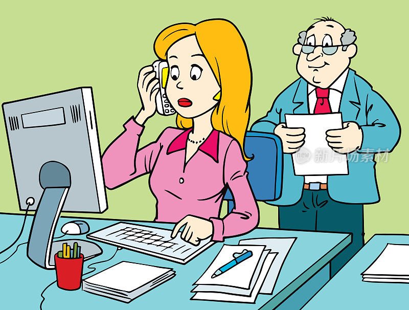 商务女性同时解决多项任务，接听电话。