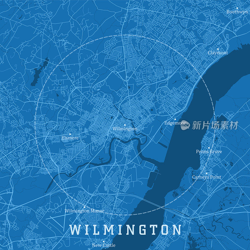 威明顿DE城市矢量道路地图蓝色文本
